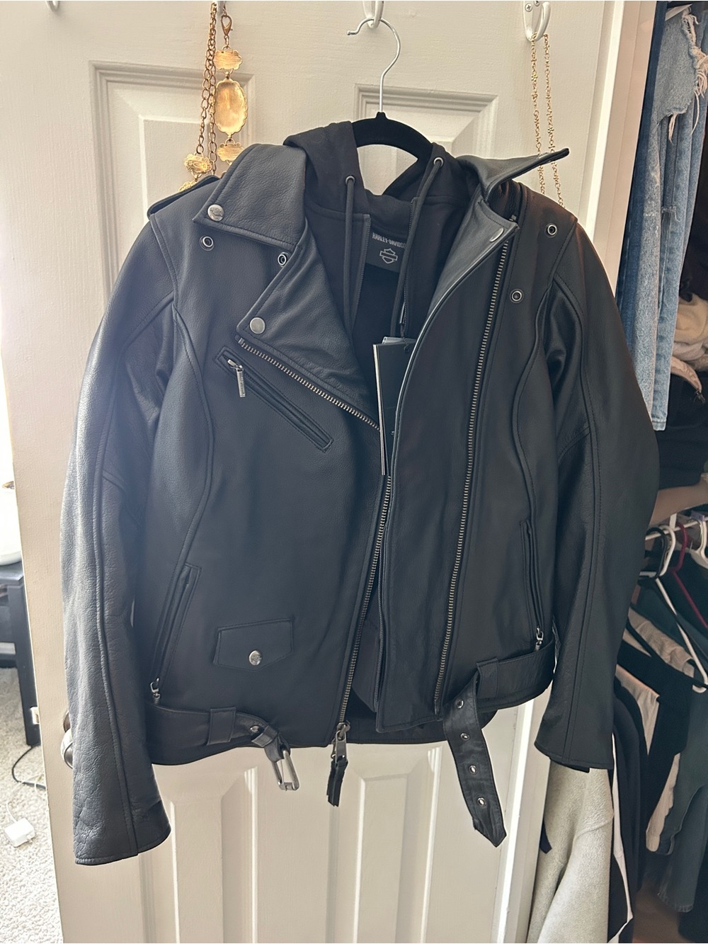 Harley-Davidson 3in1 NWT Black Leather Biker Jacket with Hooded Insert Potomac